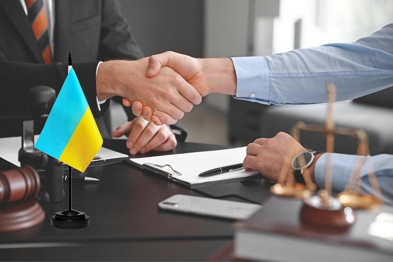 tibijoy Ukraine Flags Ukrainian Desk Flags Set Small Mini Ukraine Flags Table Flag with 13" Black Pole, Black Base and Spear Top, Miniature Ukrainian Deluxe Desktop Flag, Home Decoration, Office Decoration, - Image 4